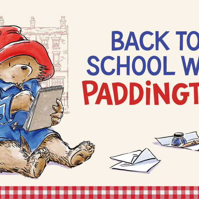 Paddington Back To School Blog Tile with paddington bear writing in a notepad a backdrop of Windsor gardens and letters with a fountain pen and ink. red gingham footer banner at the bottom