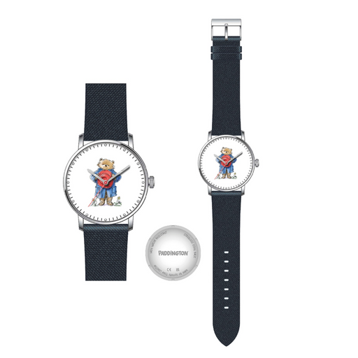 Two watches with black straps and Paddington bear designs on a white background