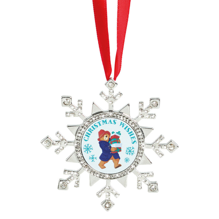 Decorative snowflake ornament with a cartoon bear holding a gift and 'Christmas Wishes' text, on a white background.