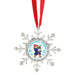 Decorative snowflake ornament with a cartoon bear holding a gift and 'Christmas Wishes' text, on a white background.