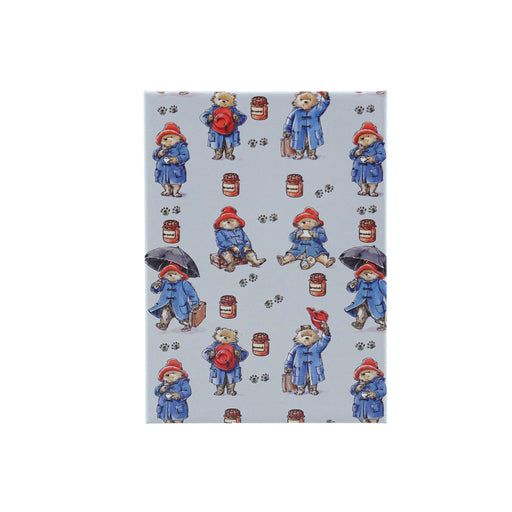 A light blue magnet with Paddington pawprints marmalade and poses repeat pattern