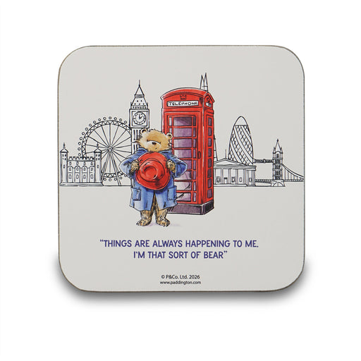 Coffee table Coaster with Paddington Bear and telephone box sketch with london skyline and classic quote