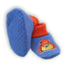 Blue baby shoes with red interior and Paddington cartoon character on a white background