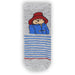 Grey and blue striped baby socks with Paddington character on a white background