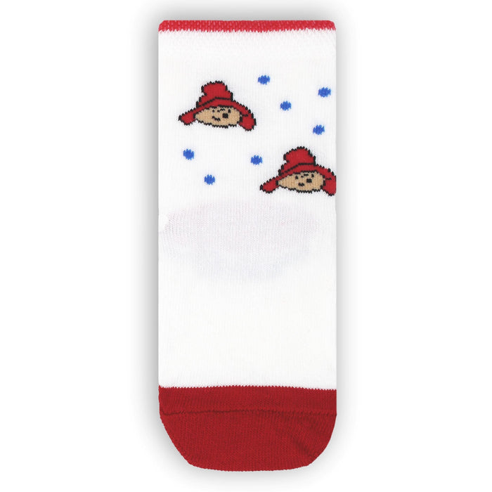 Red, white and blue baby socks with Paddington character on a white background