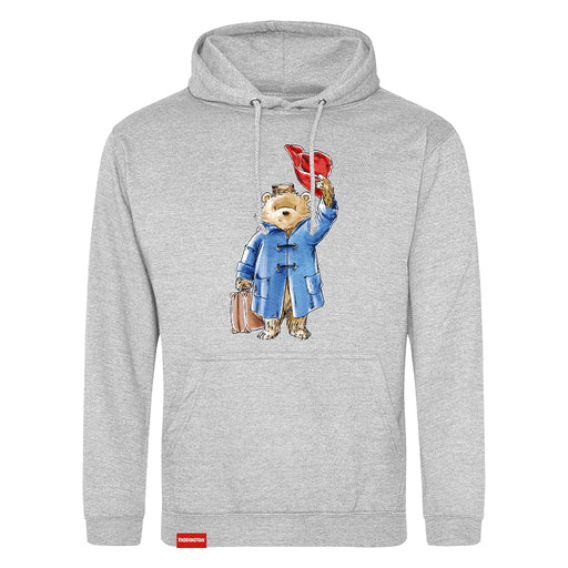 A Grey hoodie with a graphic print of Paddington bear doffing his hat.