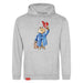 A Grey hoodie with a graphic print of Paddington bear doffing his hat.