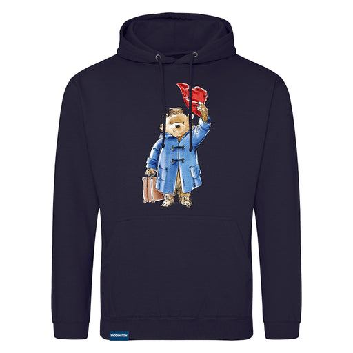 A navy blue hoodie with a graphic print of Paddington bear doffing his hat.