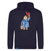 A navy blue hoodie with a graphic print of Paddington bear doffing his hat.