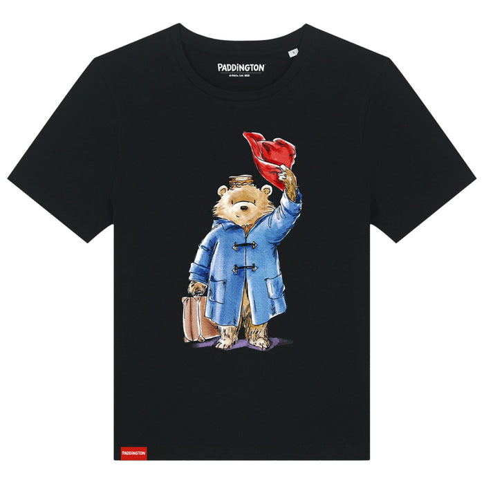 Black t-shirt with Paddington Bear graphic holding a red rose on a white background