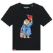 Black t-shirt with Paddington Bear graphic holding a red rose on a white background