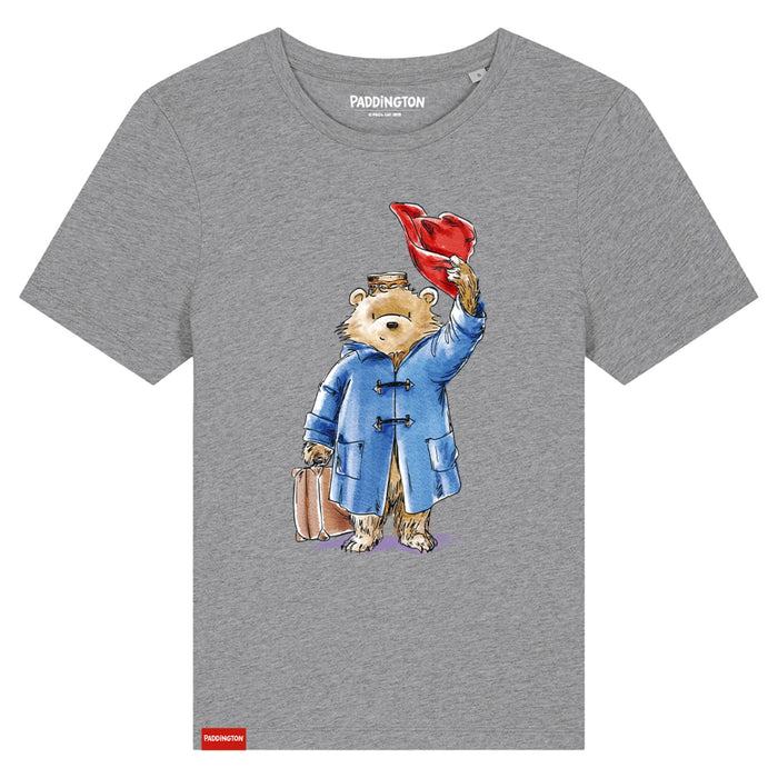 Gray t-shirt with Paddington Bear graphic holding a red bag and suitcase on a white background