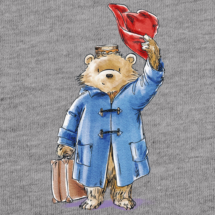 Illustration of a bear in a blue coat and red hat on a gray background