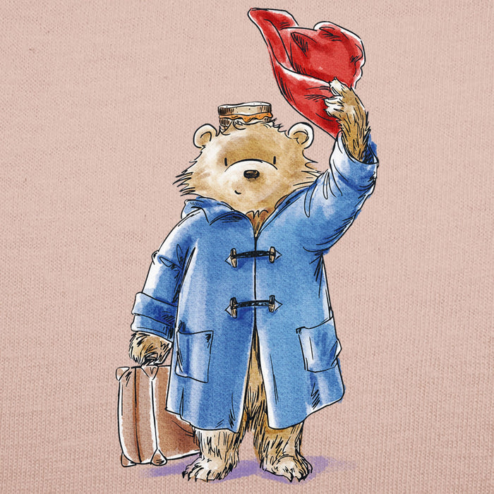 Illustration of a teddy bear in a blue coat and red hat on a pink background