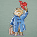 Illustration of a bear in a blue coat holding a red hat against a light green background