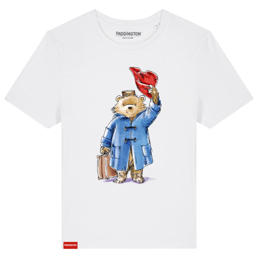 White t-shirt with Paddington Bear graphic holding a red hat on a white background