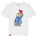 White t-shirt with Paddington Bear graphic holding a red hat on a white background