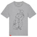 A grey t-shirt featuring a graphic print of Paddington bear doffing his hat.