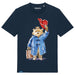 A navy-colored t-shirt featuring an illustration of Paddington bear doffing his hat.