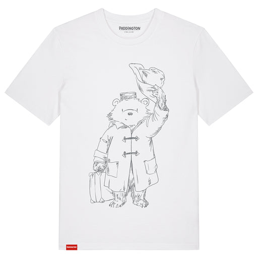 A white t-shirt featuring a graphic print of Paddington bear doffing his hat.