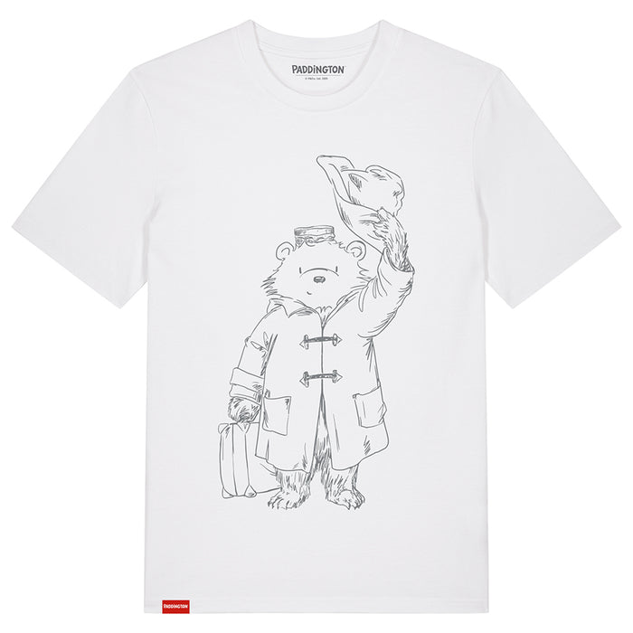 A white t-shirt featuring a graphic print of Paddington bear doffing his hat.