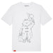 A white t-shirt featuring a graphic print of Paddington bear doffing his hat.