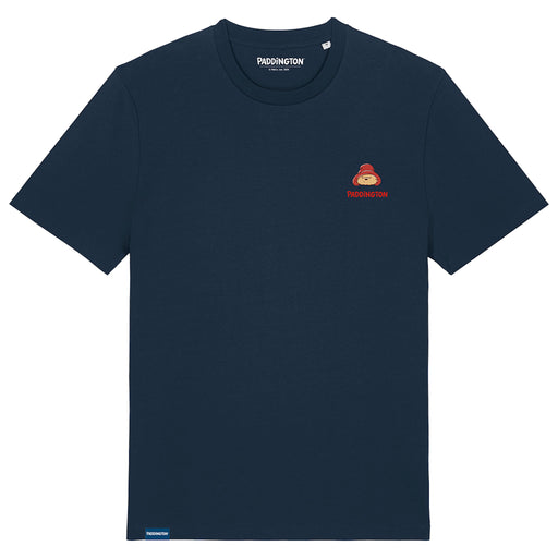 A navy blue crew neck t-shirt with the embroidered Paddington bear logo on the chest.