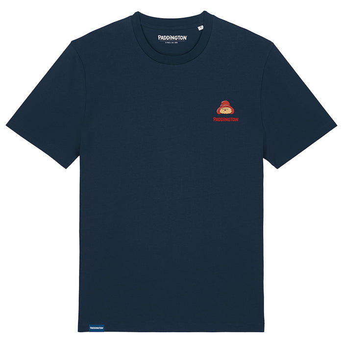 A navy blue crew neck t-shirt with the embroidered Paddington bear logo on the chest.