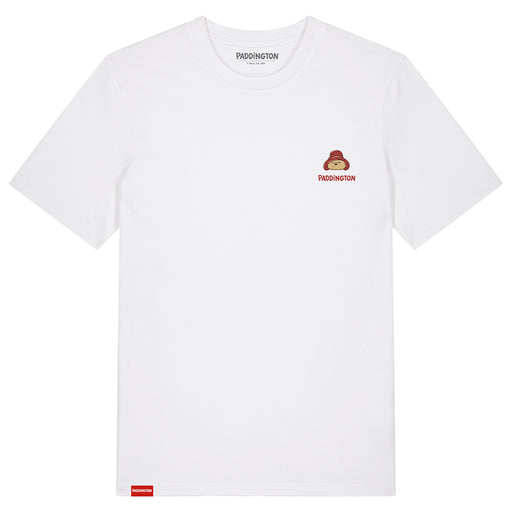 A grey crew neck t-shirt with the embroidered Paddington bear logo on the chest.