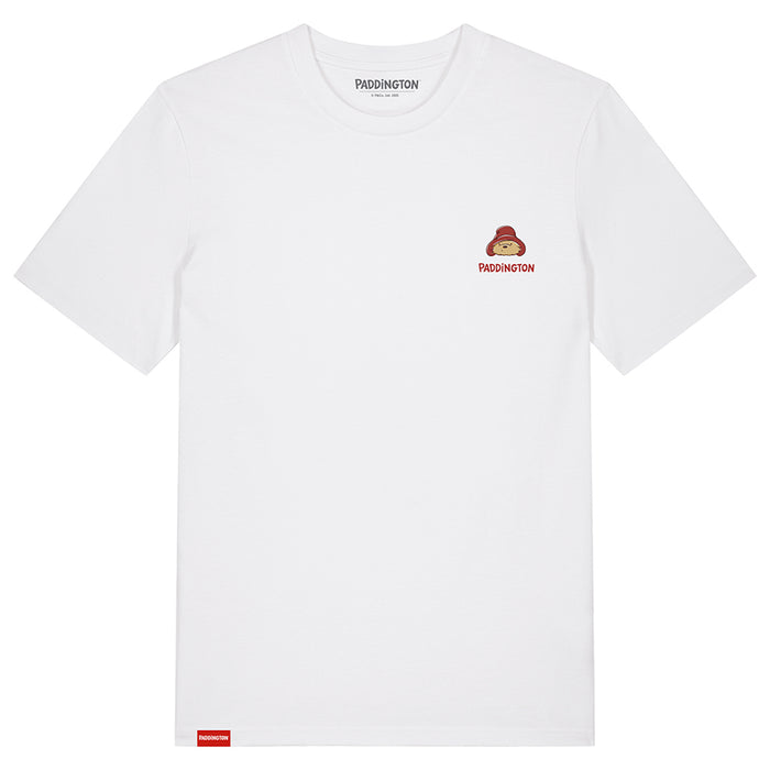 A grey crew neck t-shirt with the embroidered Paddington bear logo on the chest.