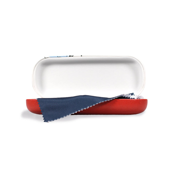 Red and white glasses case with a blue cloth inside on a white background