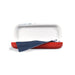 Red and white glasses case with a blue cloth inside on a white background