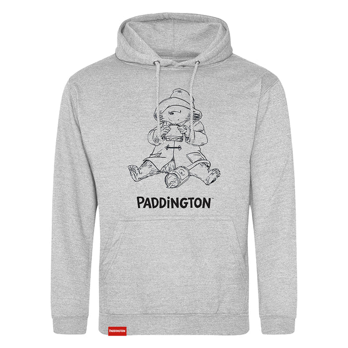 A gray hoodie with a graphic of Paddington bear sitting and holding a jar of marmalade, with the text 'Paddington' at the bottom.