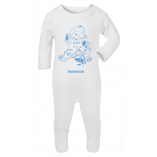 A white long sleeve baby bodysuit with a Paddington Bear design in blue.