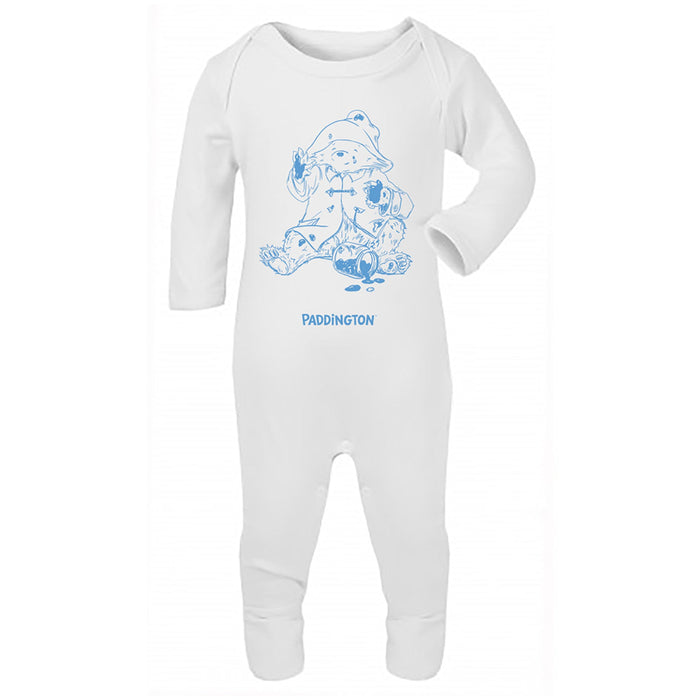 A white long sleeve baby bodysuit with a Paddington Bear design in blue.