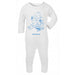 A white long sleeve baby bodysuit with a Paddington Bear design in blue.