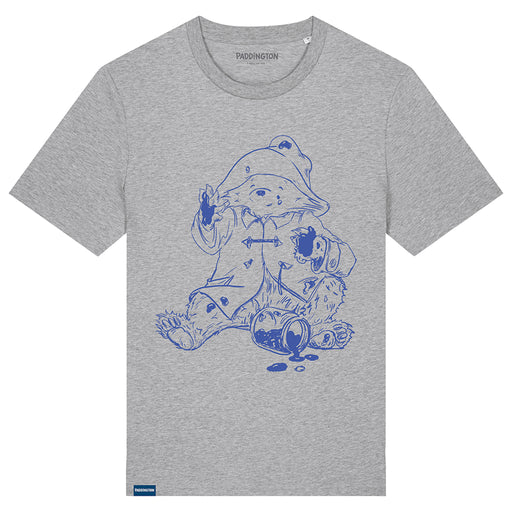 A gray T-shirt featuring a blue graphic of Paddington bear with a marmalade design.