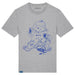 A gray T-shirt featuring a blue graphic of Paddington bear with a marmalade design.