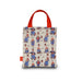 Small tote bag with paddington bear pattern and red handles on a white background