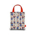 Small tote bag with paddington bear pattern and red handles on a white background