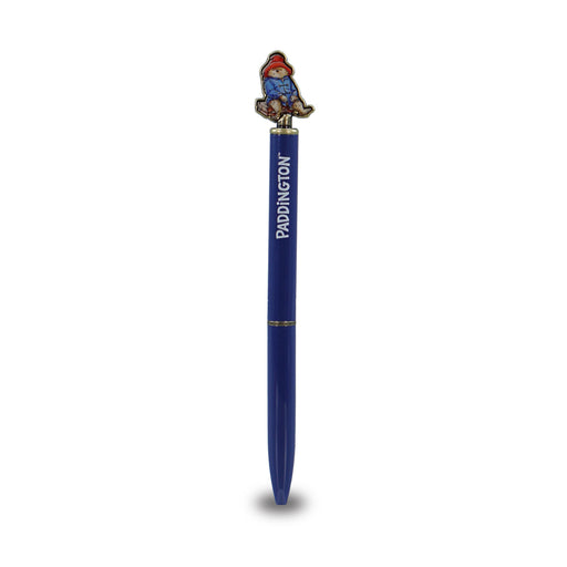 A blue paddington pen with brass cartoon bear artwork as a topper