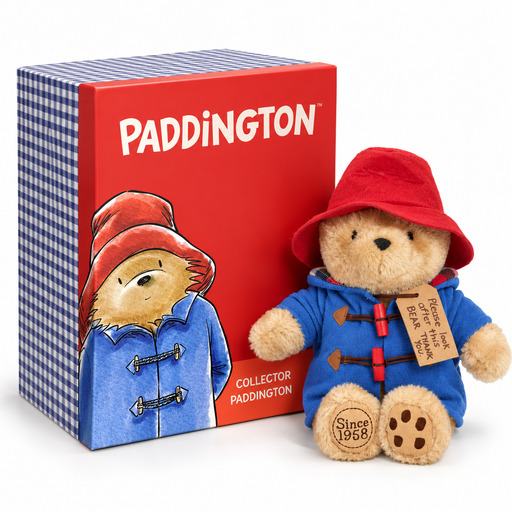 An official Paddington bear plush toy next to a red and blue gingham branded collectors box