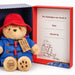 A Paddington bear plush toy in a red hat and blue coat displayed next to its red gift box, which has a personalized insert with text lines and a small Paddington illustration.