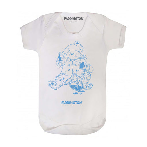A white short sleeve baby bodysuit with a blue Paddington Bear design in the center.