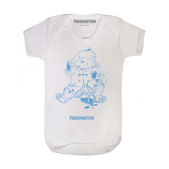 A white short sleeve baby bodysuit with a blue Paddington Bear design in the center.