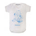 A white short sleeve baby bodysuit with a blue Paddington Bear design in the center.