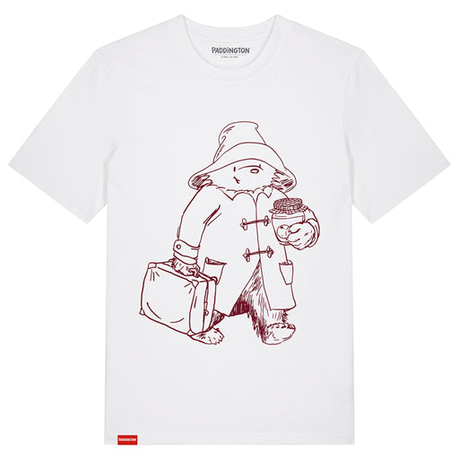 A white t-shirt with a red illustration of Paddington bear wearing a hat and holding a suitcase.