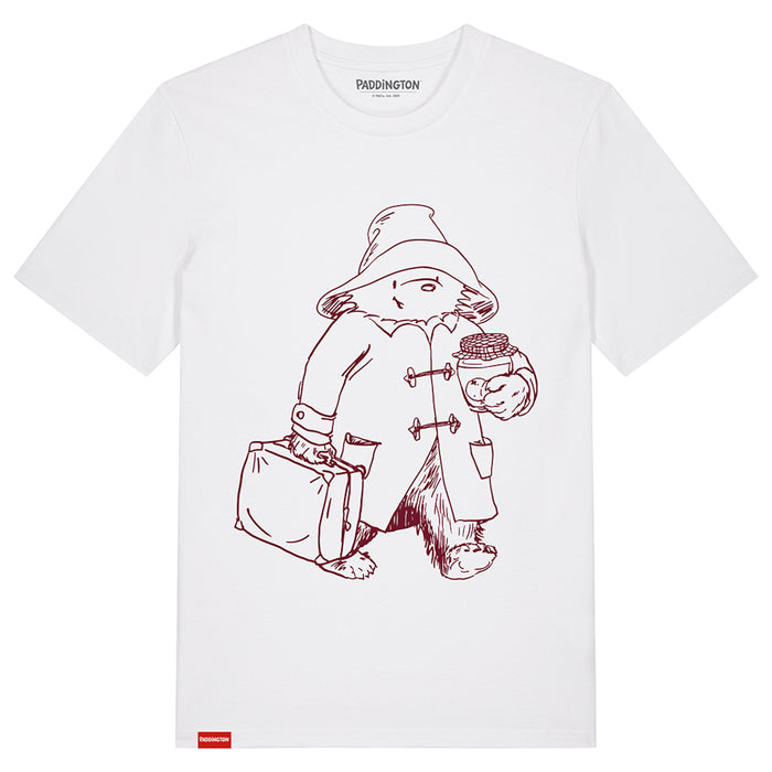 A white t-shirt with a red illustration of Paddington bear wearing a hat and holding a suitcase.