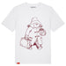 A white t-shirt with a red illustration of Paddington bear wearing a hat and holding a suitcase.