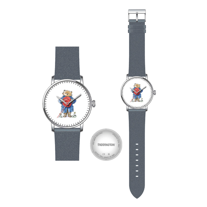 Two watches with gray straps and a Paddington Bear character design on the face